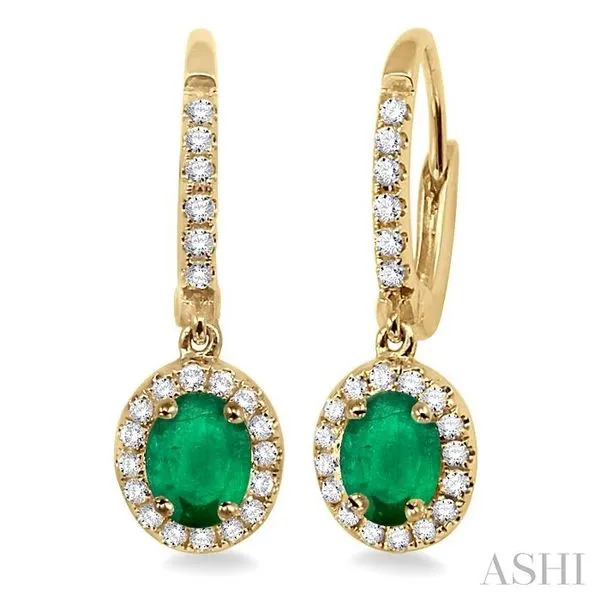 5x3 MM Oval Cut Emerald and 1/4 Ctw Round Cut Diamond Earrings in 14K Yellow Gold Hart's Jewelers Grants Pass, OR