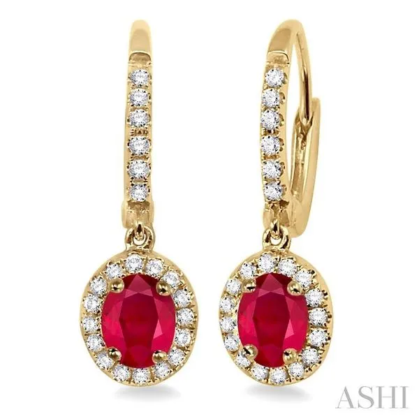 5x3 MM Oval Cut Ruby and 1/4 Ctw Round Cut Diamond Earrings in 14K Yellow Gold Hart's Jewelers Grants Pass, OR