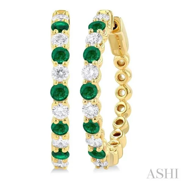 2.7 MM Round Cut Emerald and 7/8 Ctw Round Cut Diamond Precious Hoop Earring in 14K Yellow Gold Hart's Jewelers Grants Pass, OR