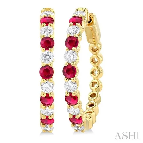 2.7 MM Round Shape Ruby and 7/8 Ctw Round Cut Diamond Precious Hoop Earring in 14K Yellow Gold Hart's Jewelers Grants Pass, OR