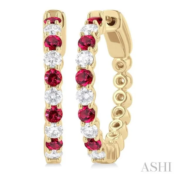 2.4 MM Round Cut Ruby and 5/8 Ctw Round Cut Diamond Precious Hoop Earring in 14K Yellow Gold Hart's Jewelers Grants Pass, OR