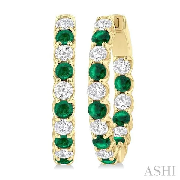 2.5 MM Emerald and 1 Ctw Round Cut Inside-Out Diamond Precious Hoop Earrings in 14K Yellow Gold Hart's Jewelers Grants Pass, OR