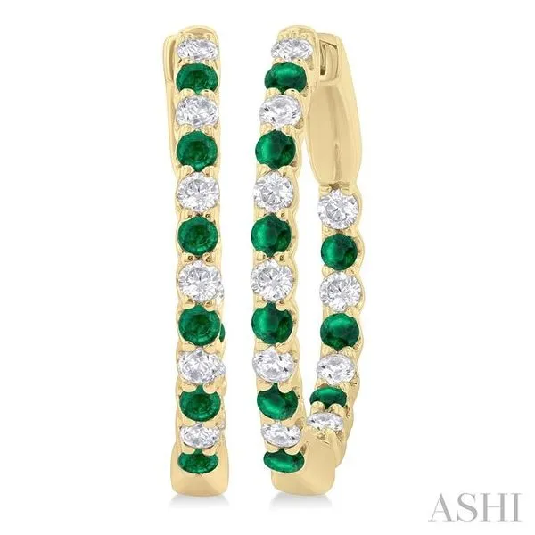 1.8 MM Emerald and 1/2 Ctw Round Cut Inside-Out Diamond Precious Hoop Earrings in 14K Yellow Gold Hart's Jewelers Grants Pass, OR
