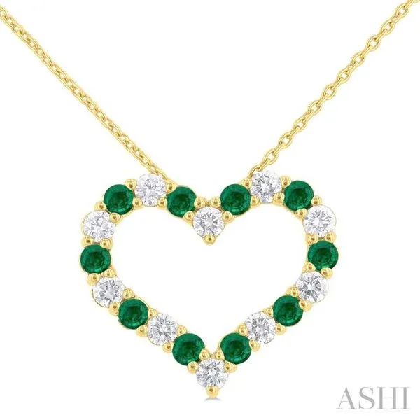 2.3 MM Round Cut Emerald and 1/2 Ctw Open Heart Round Cut Diamond Precious Fashion Pendant With Chain in 14K Yellow Gold Hart's Jewelers Grants Pass, OR