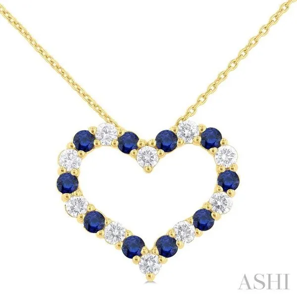 2.3 MM Round Cut Sapphire and 1/2 Ctw Open Heart Round Cut Diamond Precious Fashion Pendant With Chain in 14K Yellow Gold Hart's Jewelers Grants Pass, OR