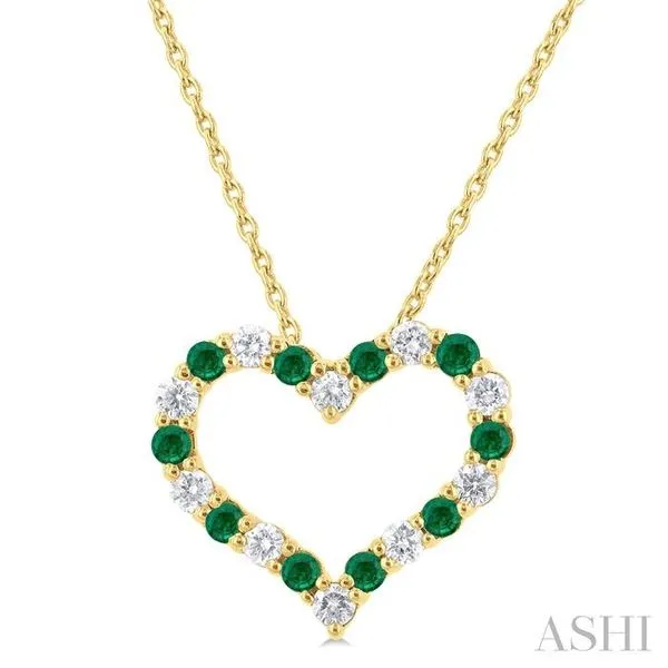 1.80 MM Round Cut Emerald and 1/4 Ctw Open Heart Round Cut Diamond Precious Fashion Pendant With Chain in 14K Yellow Gold Hart's Jewelers Grants Pass, OR