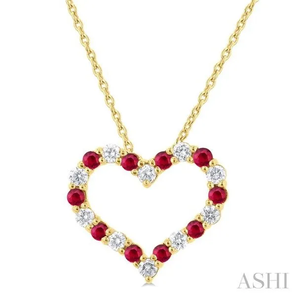 1.80 MM Round Cut Ruby and 1/4 Ctw Open Heart Round Cut Diamond Precious Fashion Pendant With Chain in 14K Yellow Gold Hart's Jewelers Grants Pass, OR