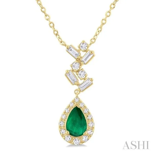 6x4 MM Pear Cut Emerald and 1/5 Ctw Scatter Baguette & Single Cut Halo Diamond Precious Pendant With Chain in 10K Yellow Gold Hart's Jewelers Grants Pass, OR