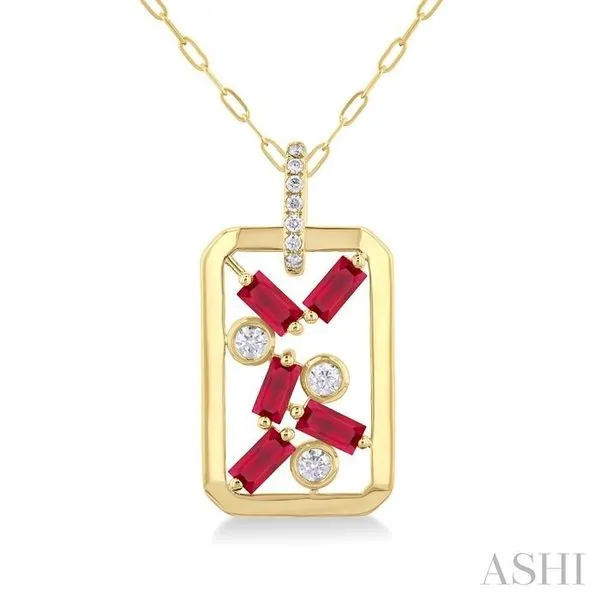 4x2 MM Scatter Baguette Cut Ruby and 1/6 Ctw Round Cut Diamond Precious Fashion Pendant With Chain in 14K Yellow Gold Hart's Jewelers Grants Pass, OR