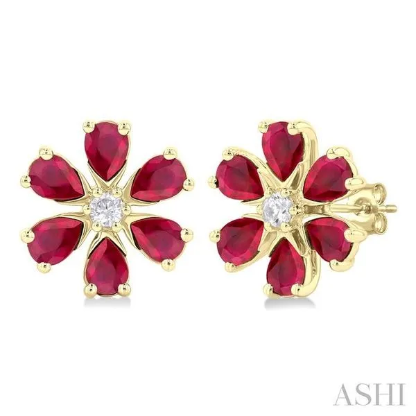 4X3 MM Floral Blossom Pear Cut Ruby and 1/10 Ctw Round Cut Diamond Precious Stud Earring in 14K Yellow Gold Hart's Jewelers Grants Pass, OR