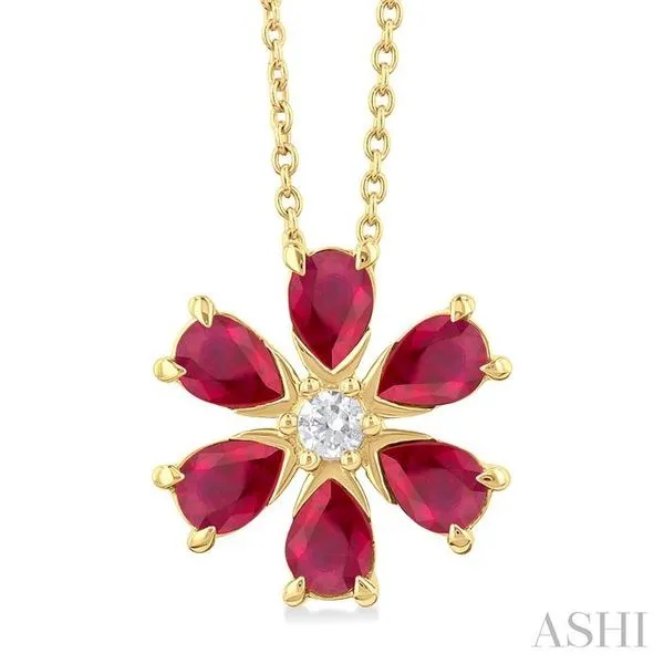 4X3 MM Floral Blossom Pear Cut Ruby and 1/20 Ctw Round Cut Diamond Precious Pendant With Chain in 14K Yellow Gold Hart's Jewelers Grants Pass, OR