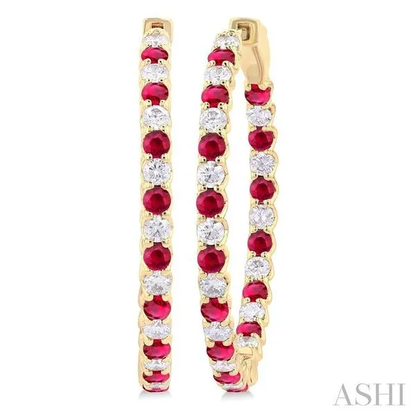 2.3 MM Round Ruby and 1 1/2 Ctw Round Cut Diamond Inside & Outside Alternating Precious Hoop Earrings in 14K Yellow Gold Hart's Jewelers Grants Pass, OR