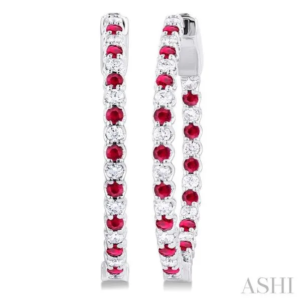 1.6 MM Round Ruby and 1/2 Ctw Round Cut Diamond Inside & Outside Alternating Precious Hoop Earrings in 14K White Gold Hart's Jewelers Grants Pass, OR