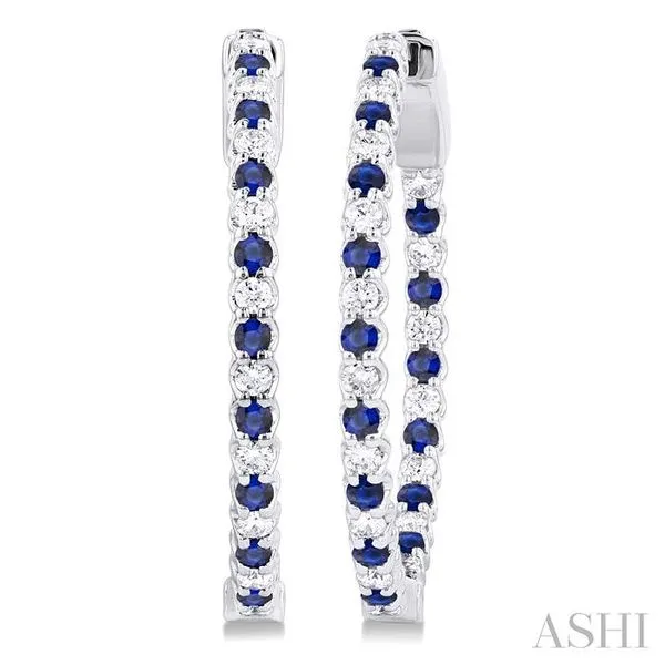 1.6 MM Round Sapphire and 1/2 Ctw Round Cut Diamond Inside & Outside Alternating Precious Hoop Earrings in 14K White Gold Hart's Jewelers Grants Pass, OR
