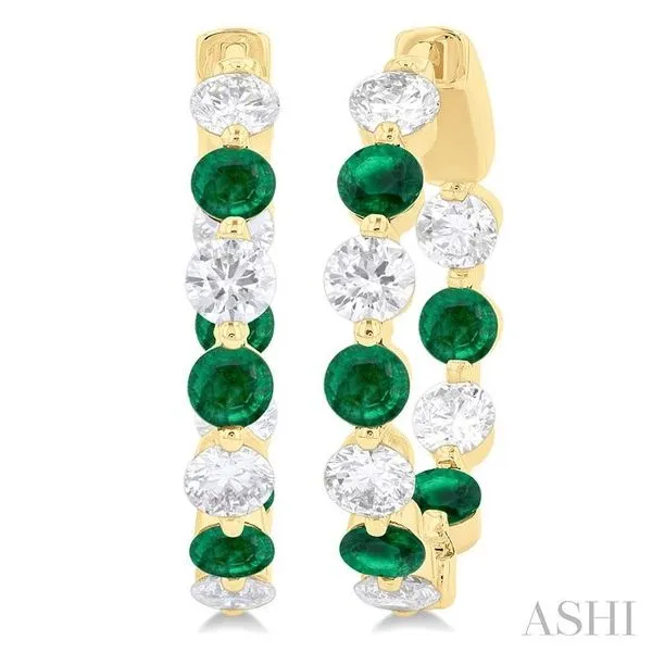 3.3 MM Round Cut Emerald and 1 5/8 Ctw Round Cut Diamond Precious Inside-Out Alternating Hoop Earrings in 14K Yellow Gold Hart's Jewelers Grants Pass, OR