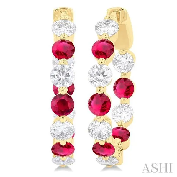 3.3 MM Round Cut Ruby and 1 5/8 Ctw Round Cut Diamond Precious Inside-Out Alternating Hoop Earrings in 14K Yellow Gold Hart's Jewelers Grants Pass, OR