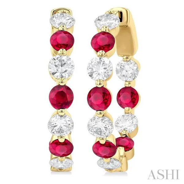 2.85 MM Round Cut Ruby and 1 Ctw Round Cut Diamond Precious Inside-Out Alternating Hoop Earrings in 14K Yellow Gold Hart's Jewelers Grants Pass, OR