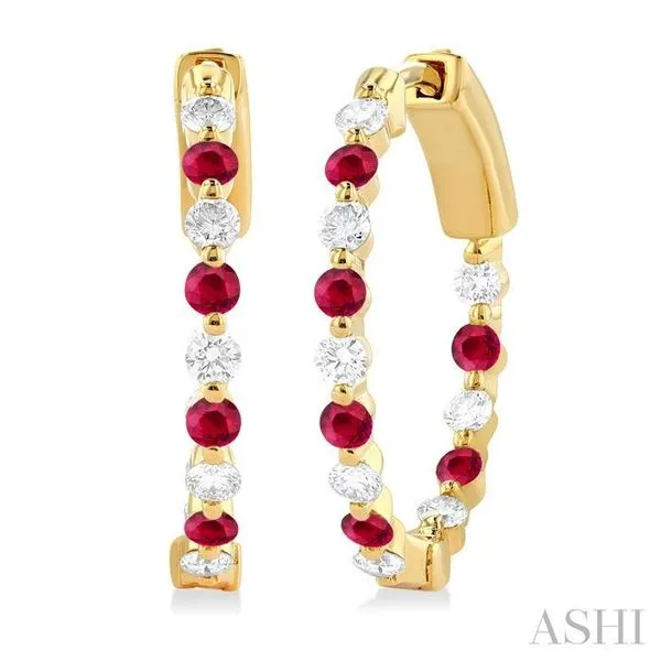 2 MM Round Cut Ruby and 1/2 Ctw Round Cut Diamond Precious Inside-Out Alternating Hoop Earrings in 14K Yellow Gold Hart's Jewelers Grants Pass, OR