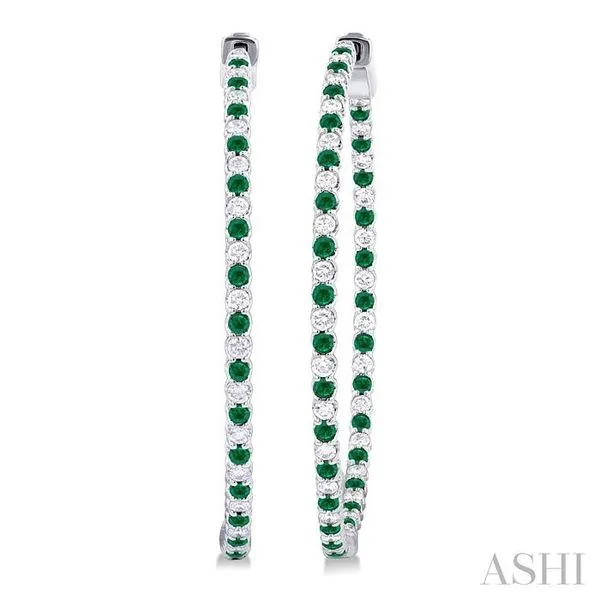 1.6 MM Round Emerald and 1 Ctw Round Cut Diamond Precious Inside-Out Alternating Hoop Earrings in 14K White Gold Hart's Jewelers Grants Pass, OR