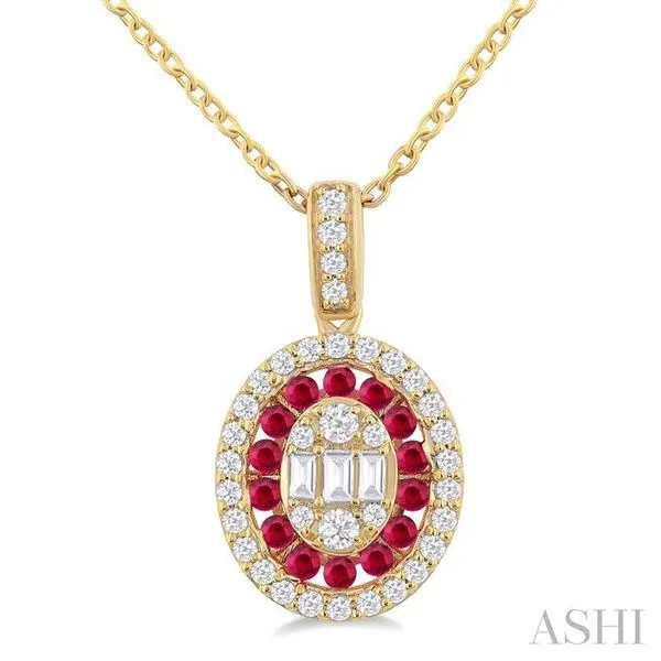1.25 MM Oval Shape Ruby and 1/4 Ctw Baguette and Round Cut Diamond Precious Pendant With Chain in 14K Yellow Gold Hart's Jewelers Grants Pass, OR