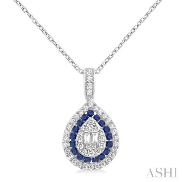 1.25 MM & 1.45 MM Pear Shape Sapphire and 1/4 Ctw Baguette and Round Cut Diamond Precious Pendant With Chain in 14K White Gold Hart's Jewelers Grants Pass, OR