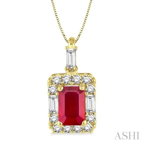 6x4 MM Octagon Cut Ruby and 1/3 Ctw Round Cut Diamond Precious Pendant in 14K Yellow Gold with Chain Hart's Jewelers Grants Pass, OR