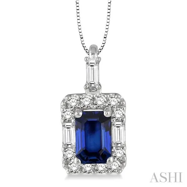 6x4 MM Octagon Cut Sapphire and 1/3 Ctw Round Cut Diamond Precious Pendant in 14K White Gold with Chain Hart's Jewelers Grants Pass, OR