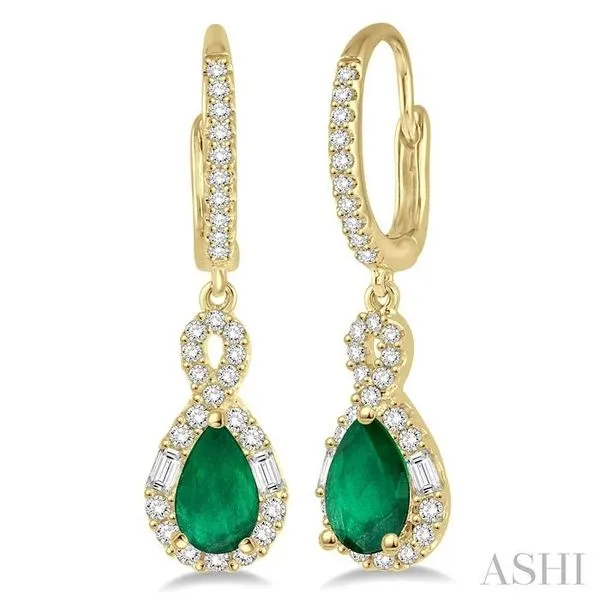6x4 MM Pear Cut Emerald and 1/2 Ctw Round Cut Diamond Precious Earrings in 14K Yellow Gold Hart's Jewelers Grants Pass, OR