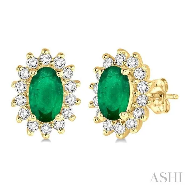5x3 MM Oval Cut Center Emerald and 1/5 Ctw Round Cut Diamond Sunflower Precious Earrings in 10K Yellow Gold Hart's Jewelers Grants Pass, OR