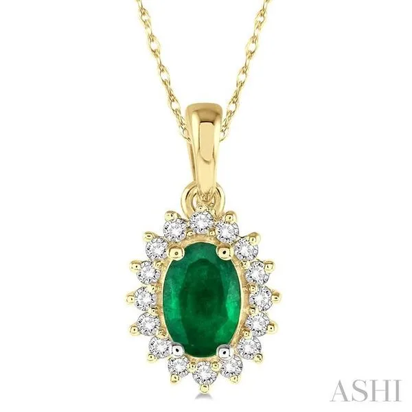 6x4 MM Oval Cut Emerald Center Sunflower and 1/8 Ctw Round Cut Diamond Precious Pendant in 10K Yellow Gold with chain Hart's Jewelers Grants Pass, OR