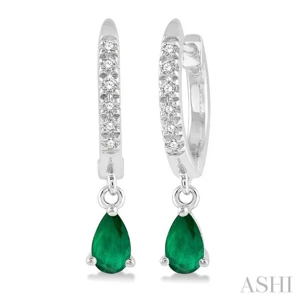 5x3 MM Pear Cut Emerald and 1/8 Ctw Round Cut Diamond Petite Fashion Huggie Earrings in 10K White Gold Hart's Jewelers Grants Pass, OR