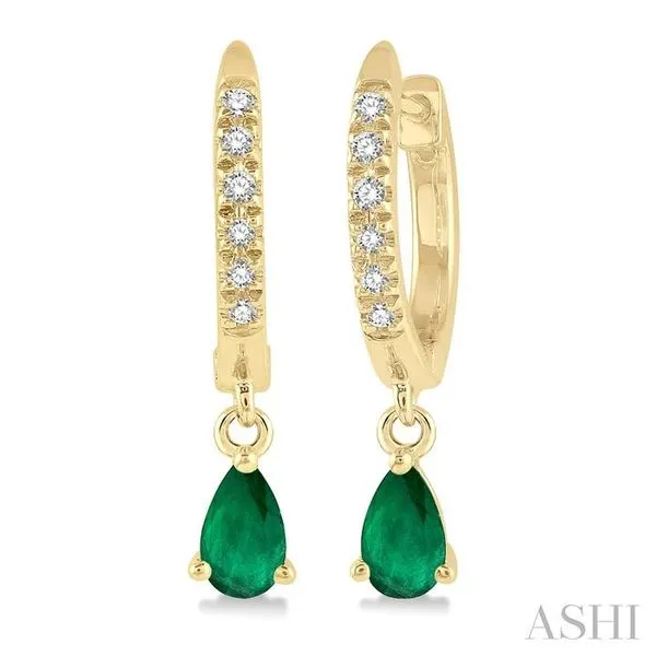 5x3 MM Pear Cut Emerald and 1/8 Ctw Round Cut Diamond Petite Fashion Huggie Earrings in 10K Yellow Gold Hart's Jewelers Grants Pass, OR