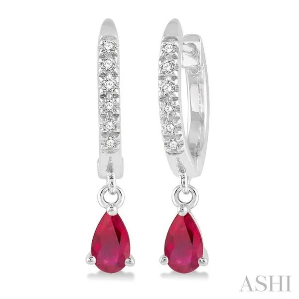 5x3 MM Pear Shape Ruby and 1/8 Ctw Round Cut Diamond Petite Fashion Huggie Earrings in 10K White Gold Hart's Jewelers Grants Pass, OR