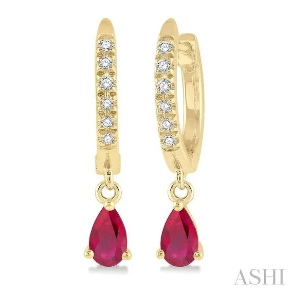 5x3 MM Pear Cut Ruby and 1/8 Ctw Round Cut Diamond Petite Fashion Huggie Earrings in 10K Yellow Gold Hart's Jewelers Grants Pass, OR