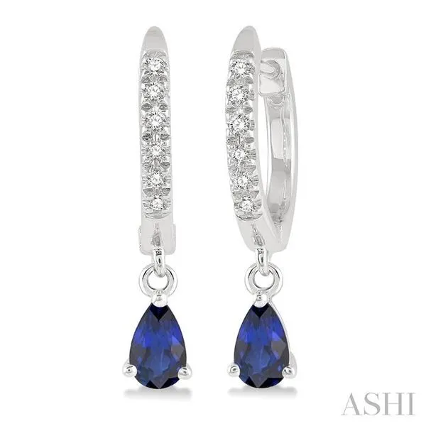 5x3 MM Pear Cut Sapphire and 1/8 Ctw Round Cut Diamond Petite Fashion Huggie Earrings in 10K White Gold Hart's Jewelers Grants Pass, OR