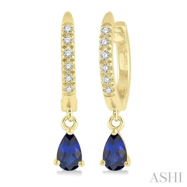 5x3 MM Pear Cut Sapphire and 1/8 Ctw Round Cut Diamond Petite Fashion Huggie Earrings in 10K Yellow Gold Hart's Jewelers Grants Pass, OR