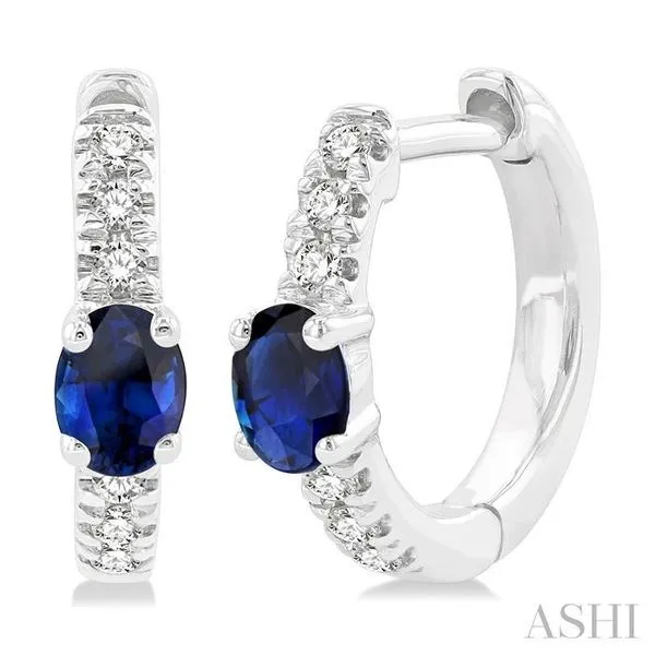 4X3 MM Oval Cut Sapphire and 1/10 Ctw Petite Round Cut Diamond Fashion Huggies in 10K White Gold Hart's Jewelers Grants Pass, OR
