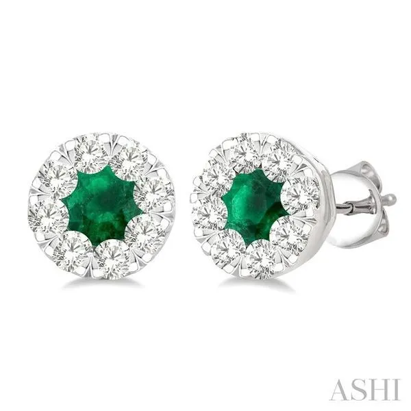 3.3 MM Emerald and 1/2 Ctw Round Cut Diamond Lovebright Precious Stud Earrings in 14K White Gold Hart's Jewelers Grants Pass, OR