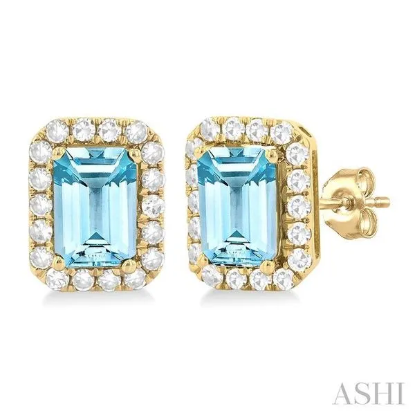 6x4 MM Octagonal Shape Aquamarine and 1/4 Ctw Round Cut Diamond Halo Semi-Precious Stud Earrings in 14K Yellow Gold Hart's Jewelers Grants Pass, OR