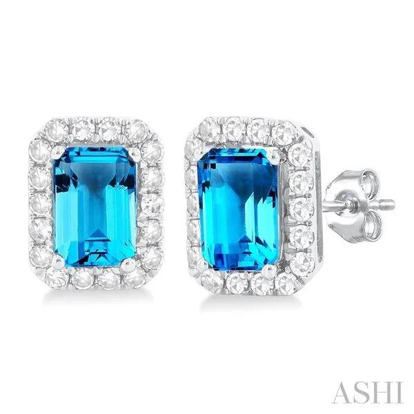 6x4 MM Octagonal Shape Blue Topaz and 1/4 Ctw Round Cut Diamond Halo Semi-Precious Stud Earrings in 14K White Gold Hart's Jewelers Grants Pass, OR