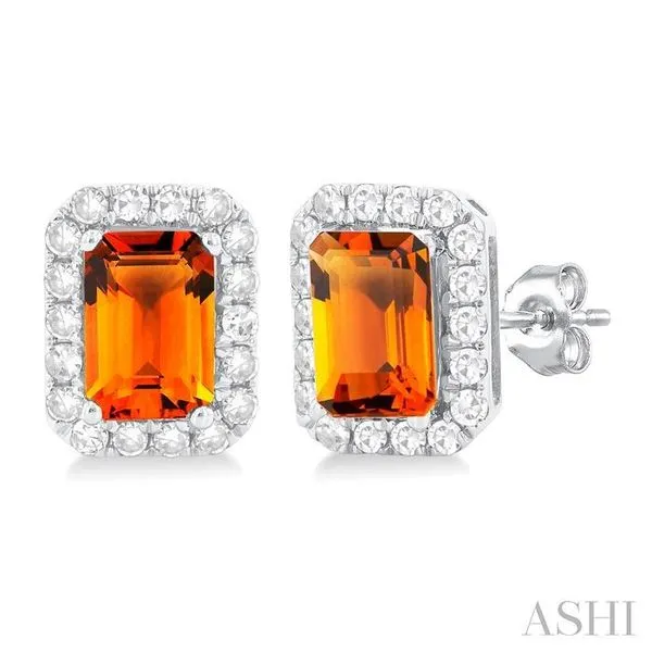 6x4 MM Octagonal Shape Citrine and 1/4 Ctw Round Cut Diamond Halo Semi-Precious Stud Earrings in 14K White Gold Hart's Jewelers Grants Pass, OR