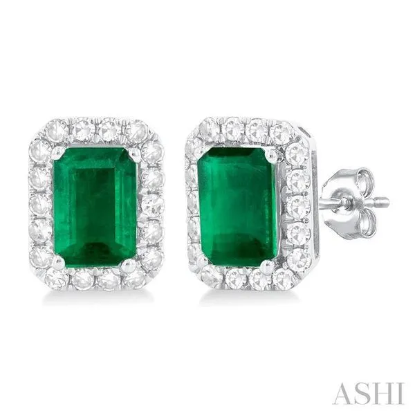 6x4 MM Octagonal Shape Emerald and 1/4 Ctw Round Cut Diamond Halo Precious Stud Earrings in 14K White Gold Hart's Jewelers Grants Pass, OR