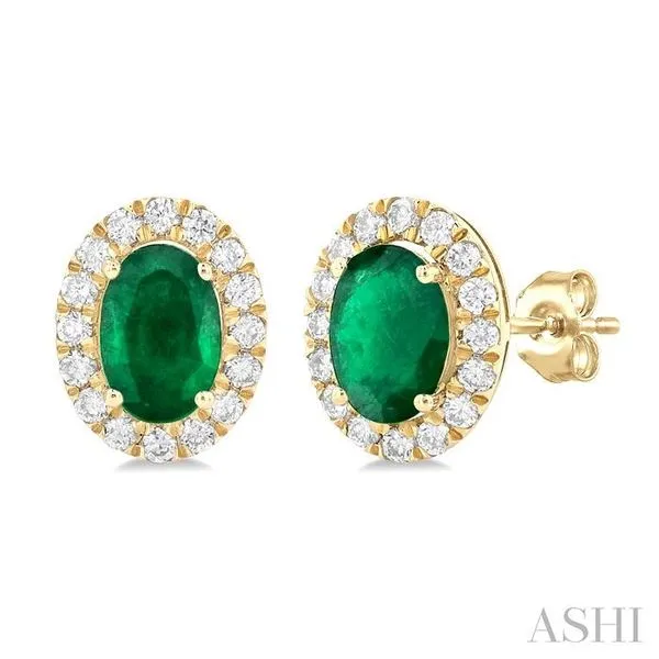 6x4 MM Oval Shape Emerald and 1/4 Ctw Round Cut Diamond Halo Precious Stud Earrings in 14K Yellow Gold Hart's Jewelers Grants Pass, OR