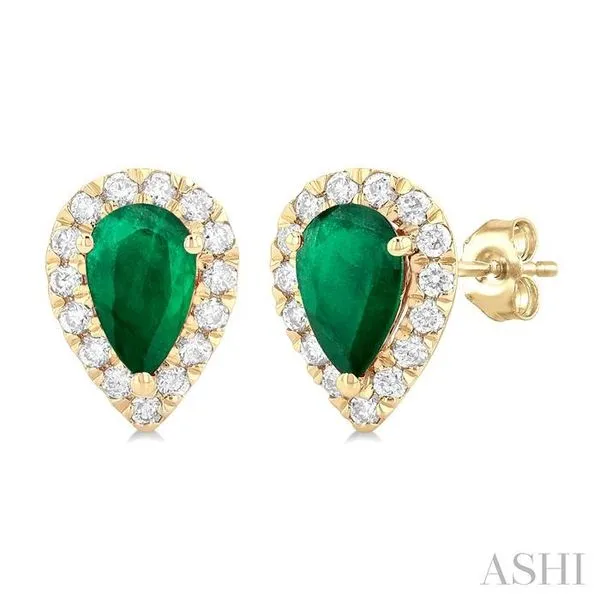 6x4 MM Pear Shape Emerald and 1/4 Ctw Round Cut Diamond Halo Precious Stud Earrings in 14K Yellow Gold Hart's Jewelers Grants Pass, OR