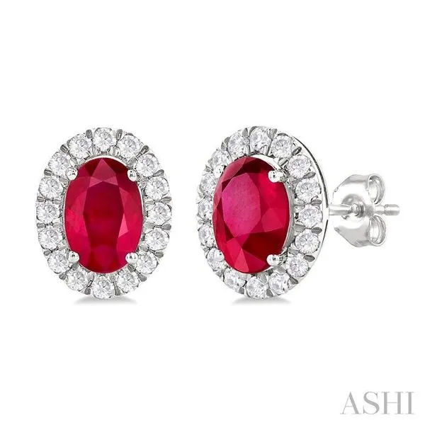 6x4 MM Oval Shape Ruby and 1/4 Ctw Round Cut Diamond Halo Precious Stud Earrings in 14K White Gold Hart's Jewelers Grants Pass, OR