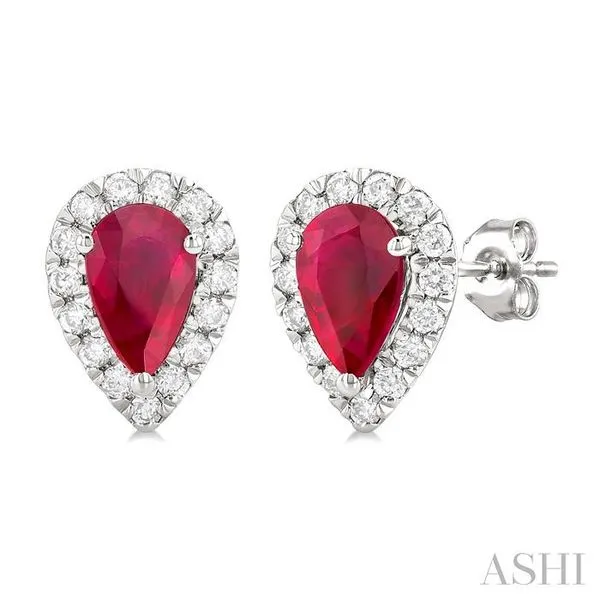 6x4 MM Pear Shape Ruby and 1/4 Ctw Round Cut Diamond Halo Precious Stud Earrings in 14K White Gold Hart's Jewelers Grants Pass, OR