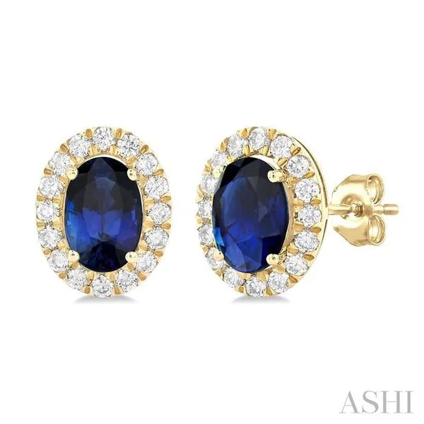 6x4 MM Oval Shape Sapphire and 1/4 Ctw Round Cut Diamond Halo Precious Stud Earrings in 14K Yellow Gold Hart's Jewelers Grants Pass, OR