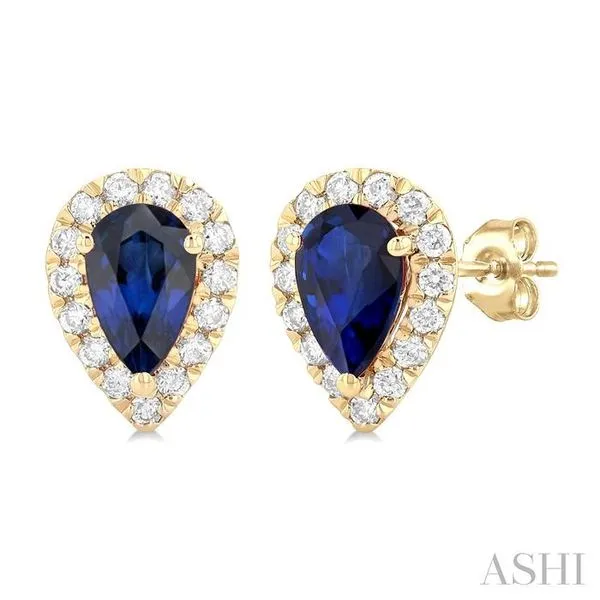 6x4 MM Pear Shape Sapphire and 1/4 Ctw Round Cut Diamond Halo Precious Stud Earrings in 14K Yellow Gold Hart's Jewelers Grants Pass, OR