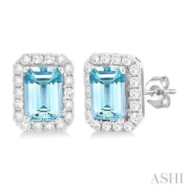 6x4 MM Octagonal Shape Aquamarine and 1/4 Ctw Round Cut Diamond Halo Semi-Precious Stud Earrings in 10K White Gold Hart's Jewelers Grants Pass, OR
