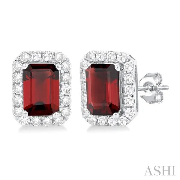 6x4 MM Octagonal Shape Garnet and 1/4 Ctw Round Cut Diamond Halo Semi-Precious Stud Earrings in 10K White Gold Hart's Jewelers Grants Pass, OR